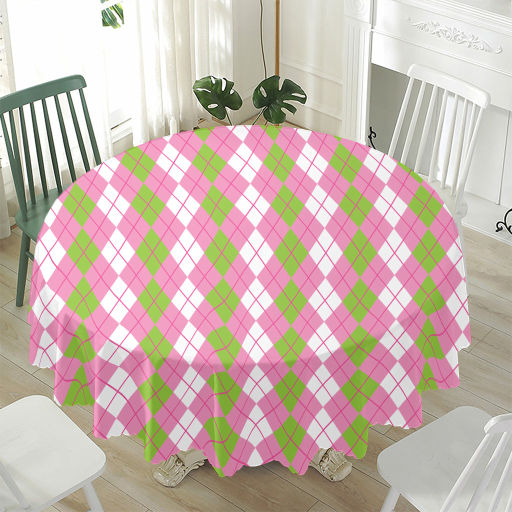 White Pink And Green Argyle Print Waterproof Round Tablecloth