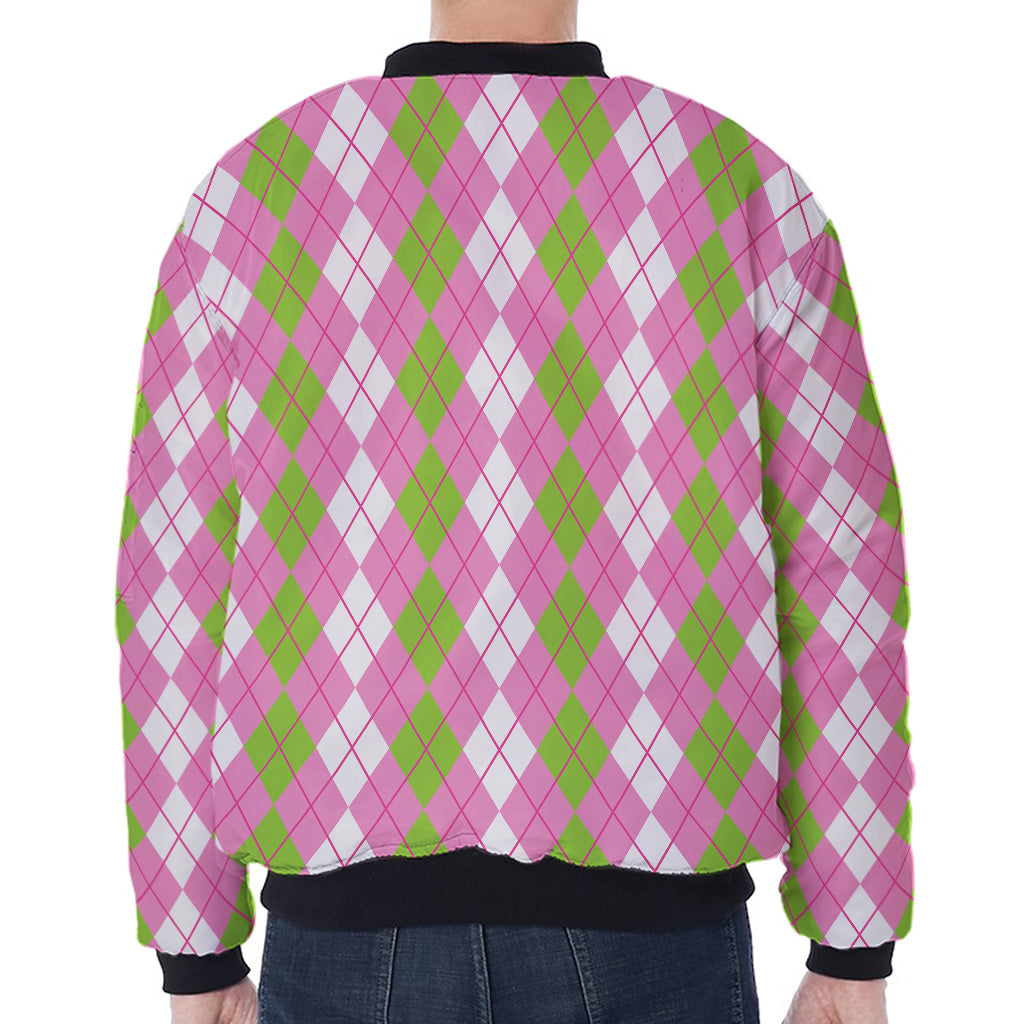 White Pink And Green Argyle Print Zip Sleeve Bomber Jacket