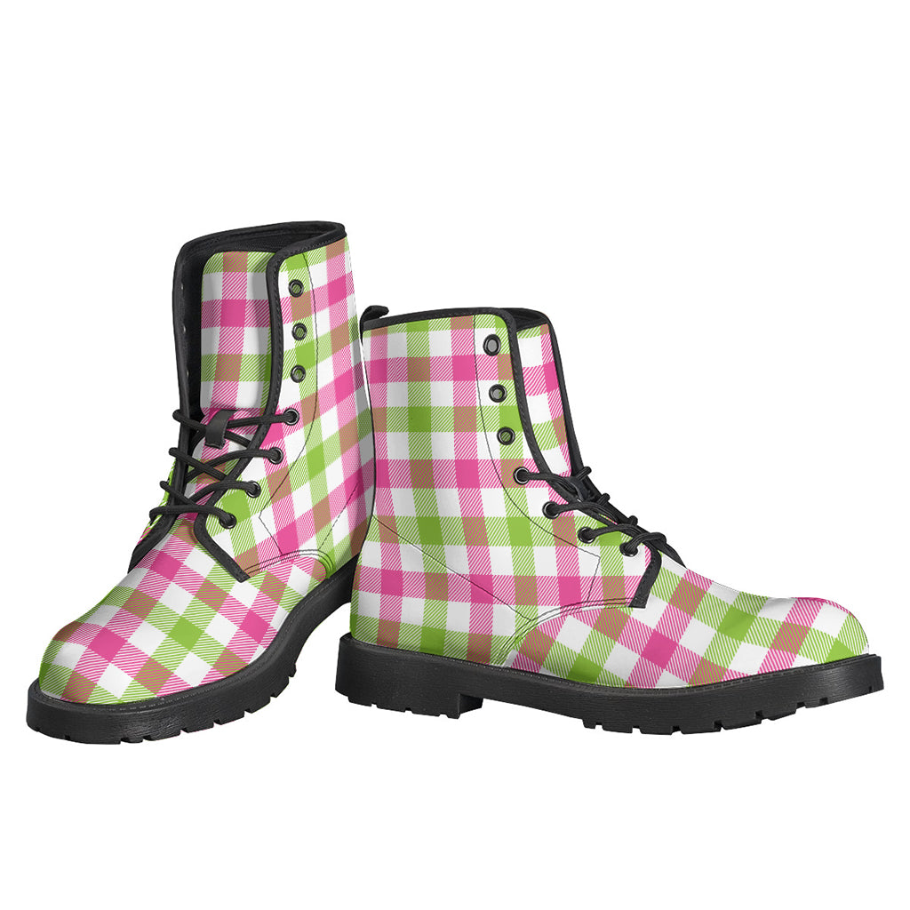 White Pink And Green Buffalo Plaid Print Backpack