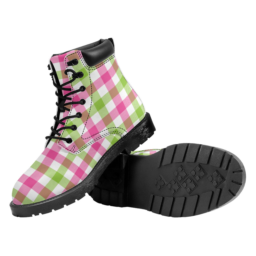 White Pink And Green Buffalo Plaid Print Work Boots