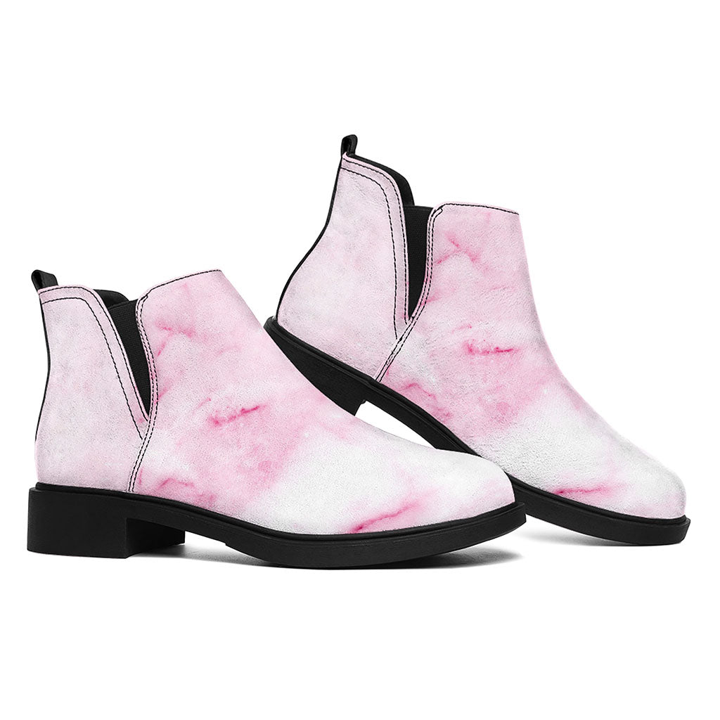 White Pink Marble Print Flat Ankle Boots