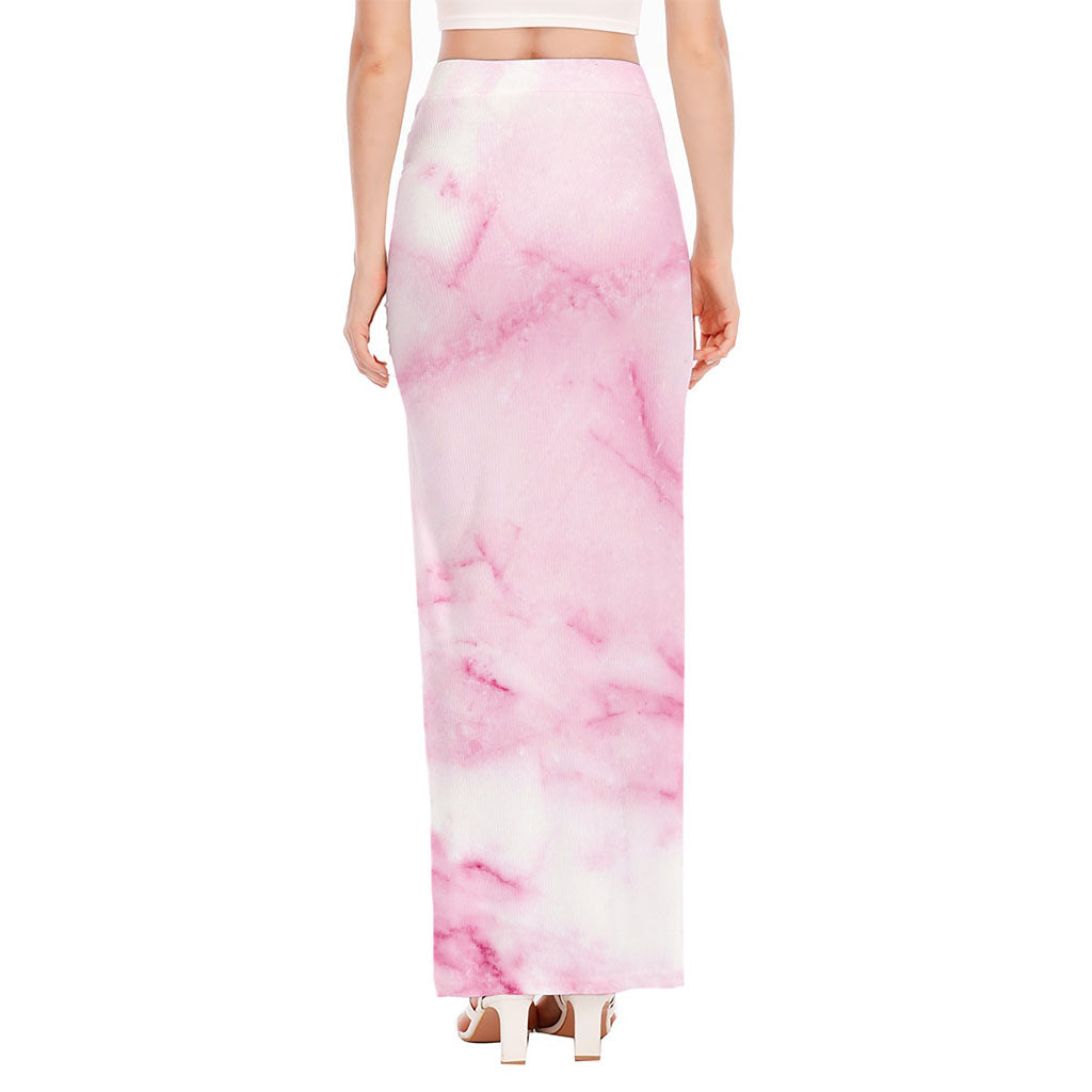 White Pink Marble Print High Slit Maxi Skirt