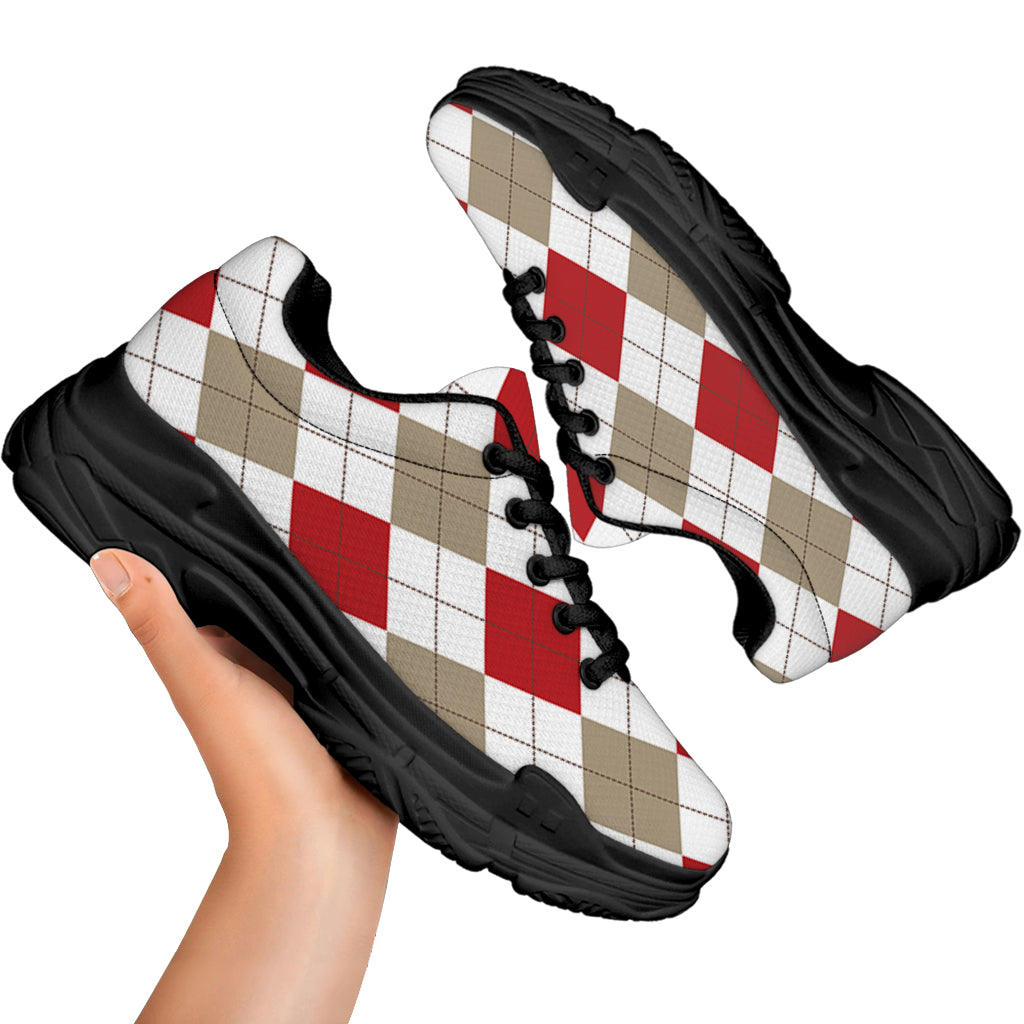 White Red And Beige Argyle Pattern Print Black Chunky Shoes