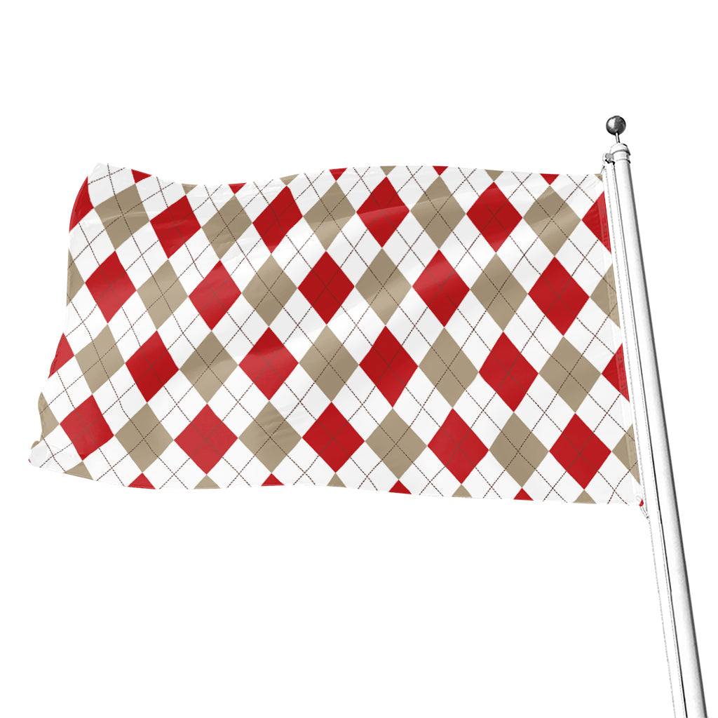 White Red And Beige Argyle Pattern Print Flag