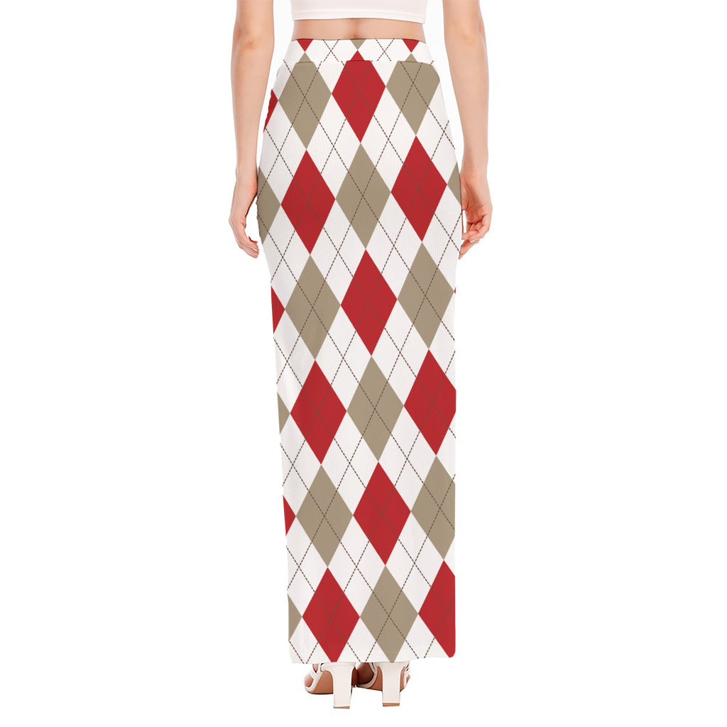 White Red And Beige Argyle Pattern Print High Slit Maxi Skirt