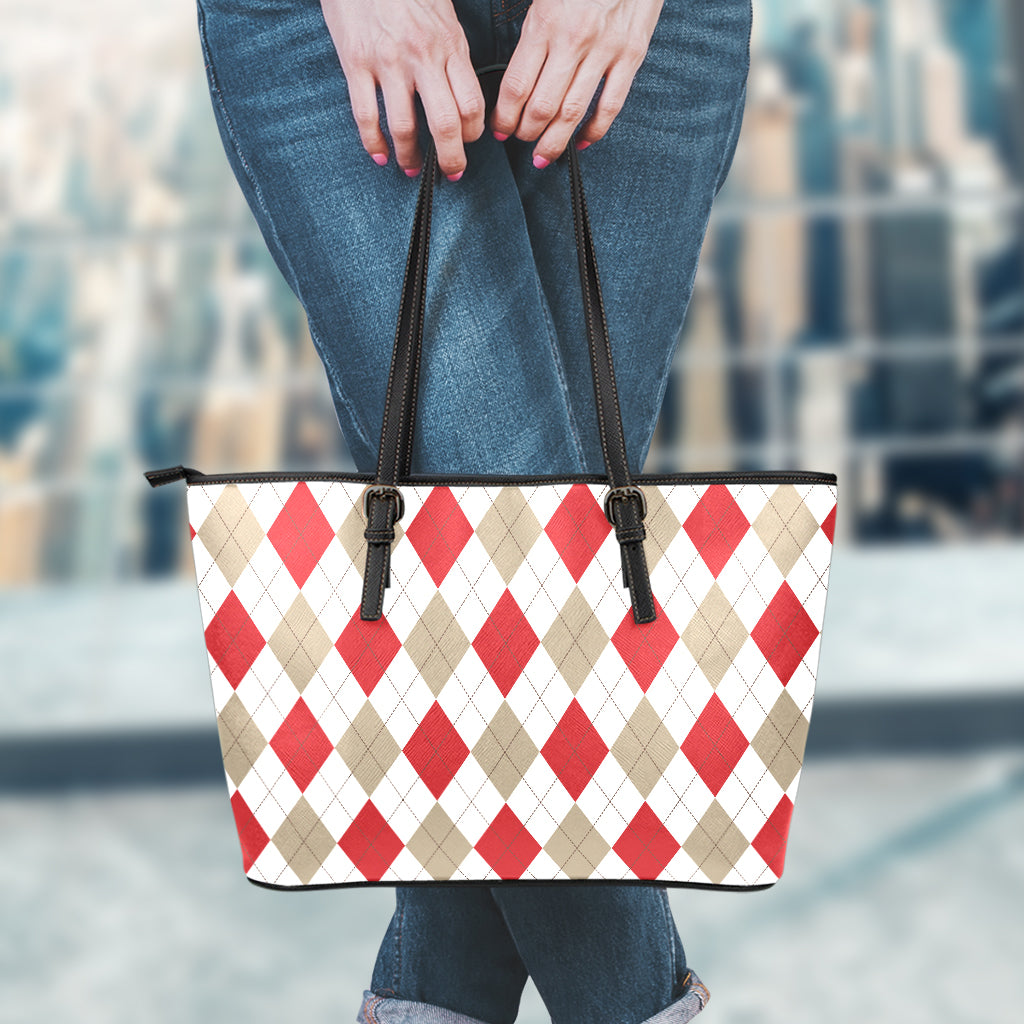 White Red And Beige Argyle Pattern Print Leather Tote Bag
