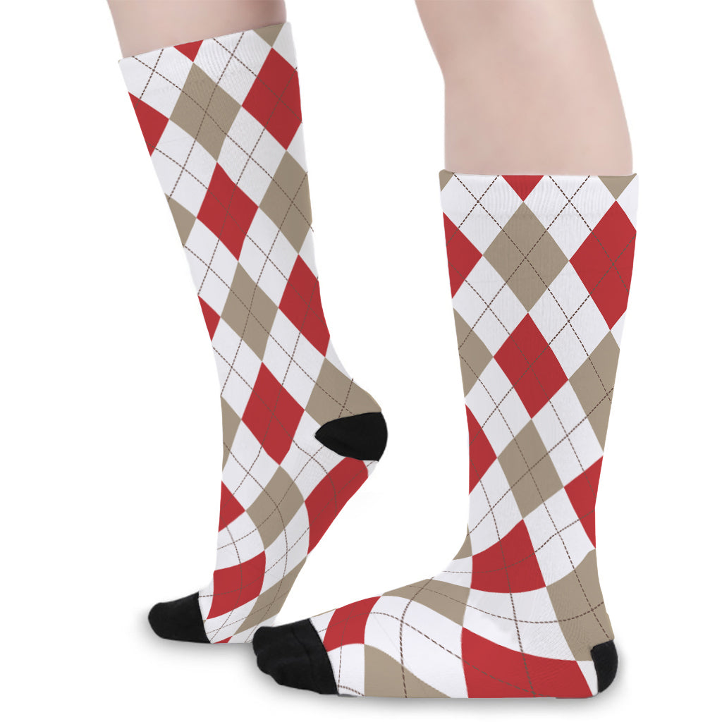 White Red And Beige Argyle Pattern Print Long Socks