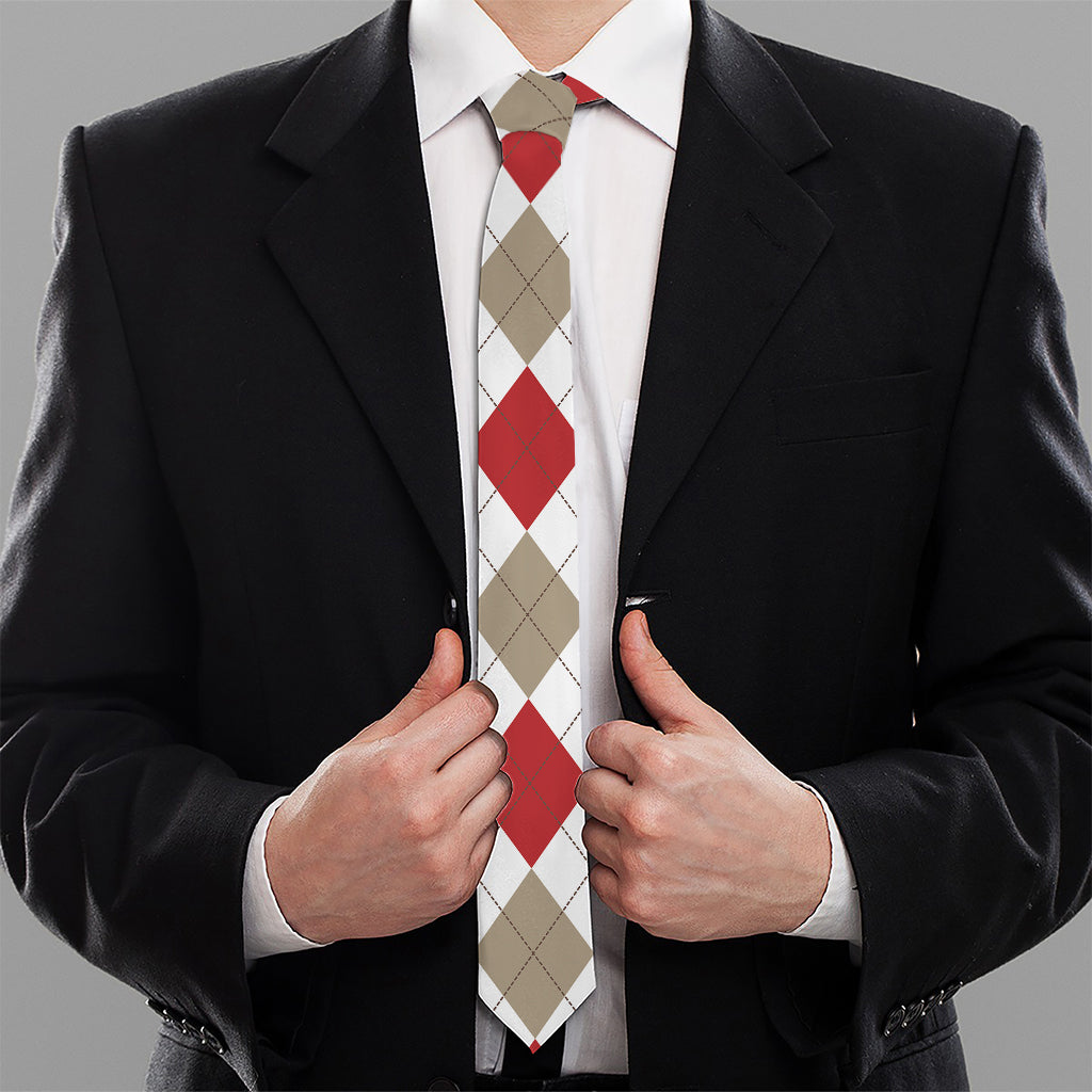 White Red And Beige Argyle Pattern Print Necktie