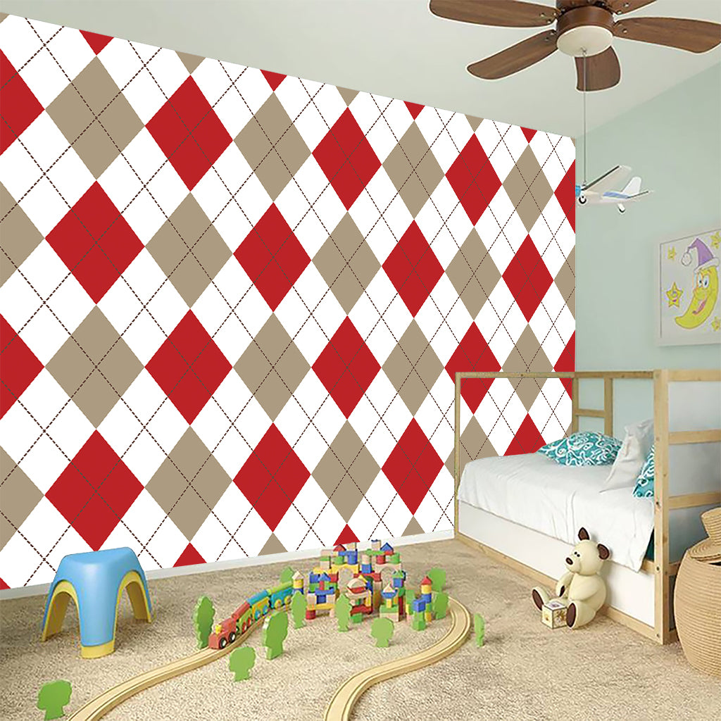 White Red And Beige Argyle Pattern Print Wall Sticker