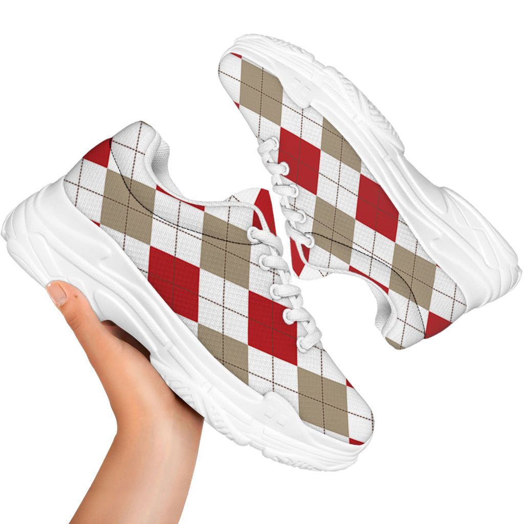 White Red And Beige Argyle Pattern Print White Chunky Shoes