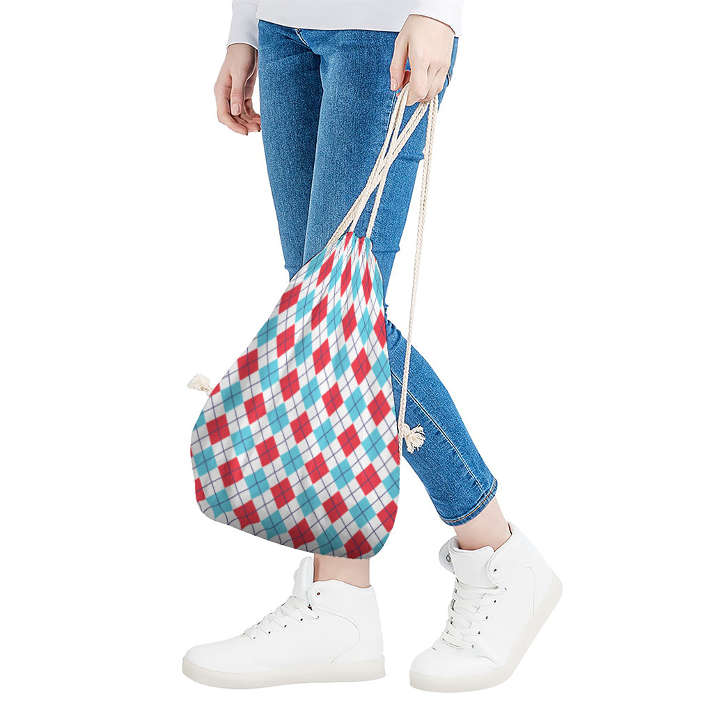 White Red And Blue Argyle Pattern Print Drawstring Bag