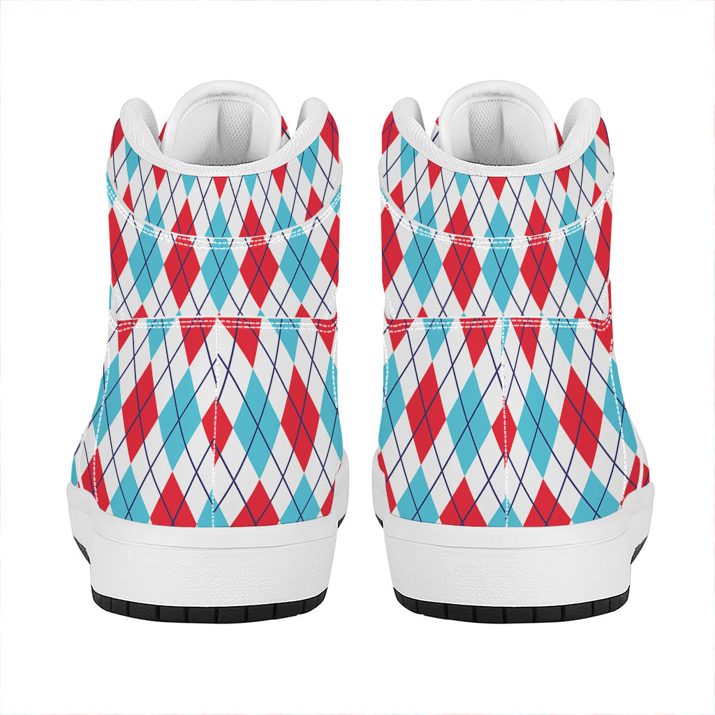 White Red And Blue Argyle Pattern Print High Top Leather Sneakers