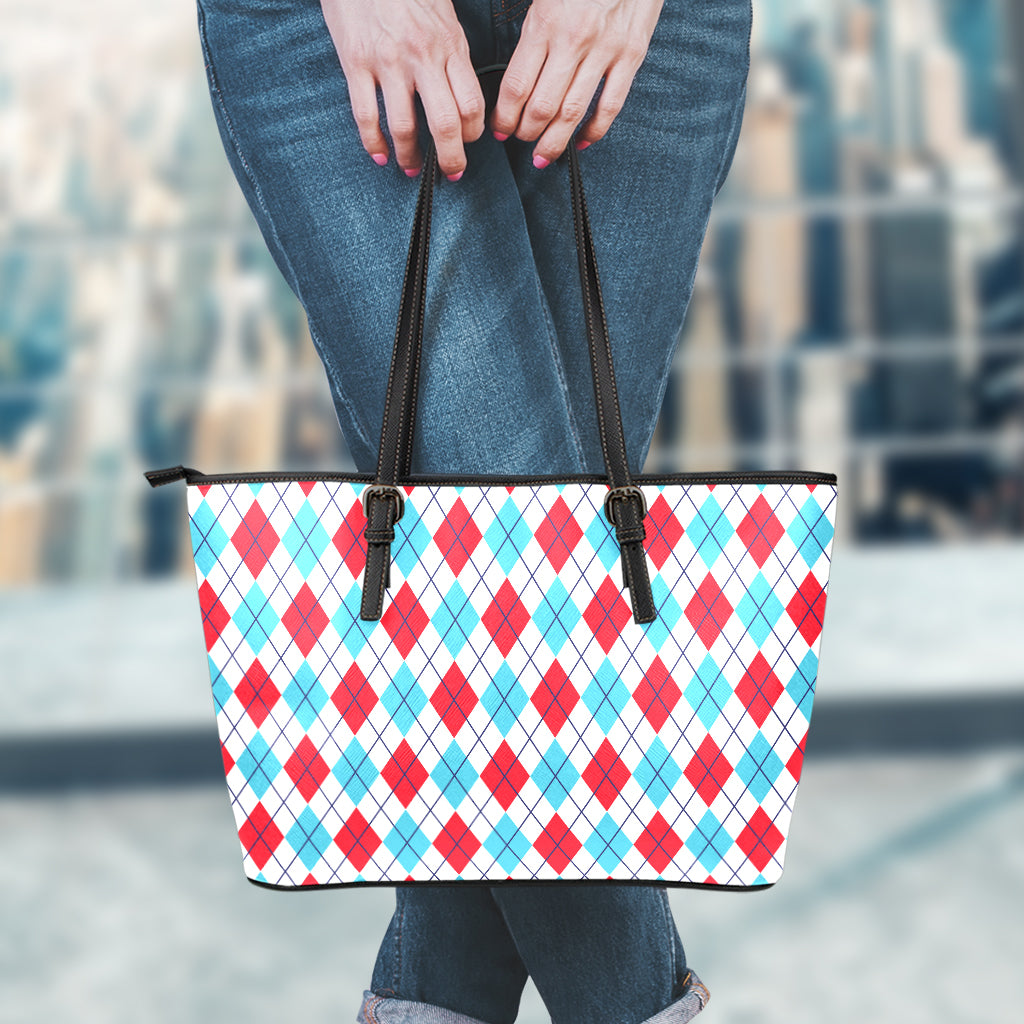 White Red And Blue Argyle Pattern Print Leather Tote Bag