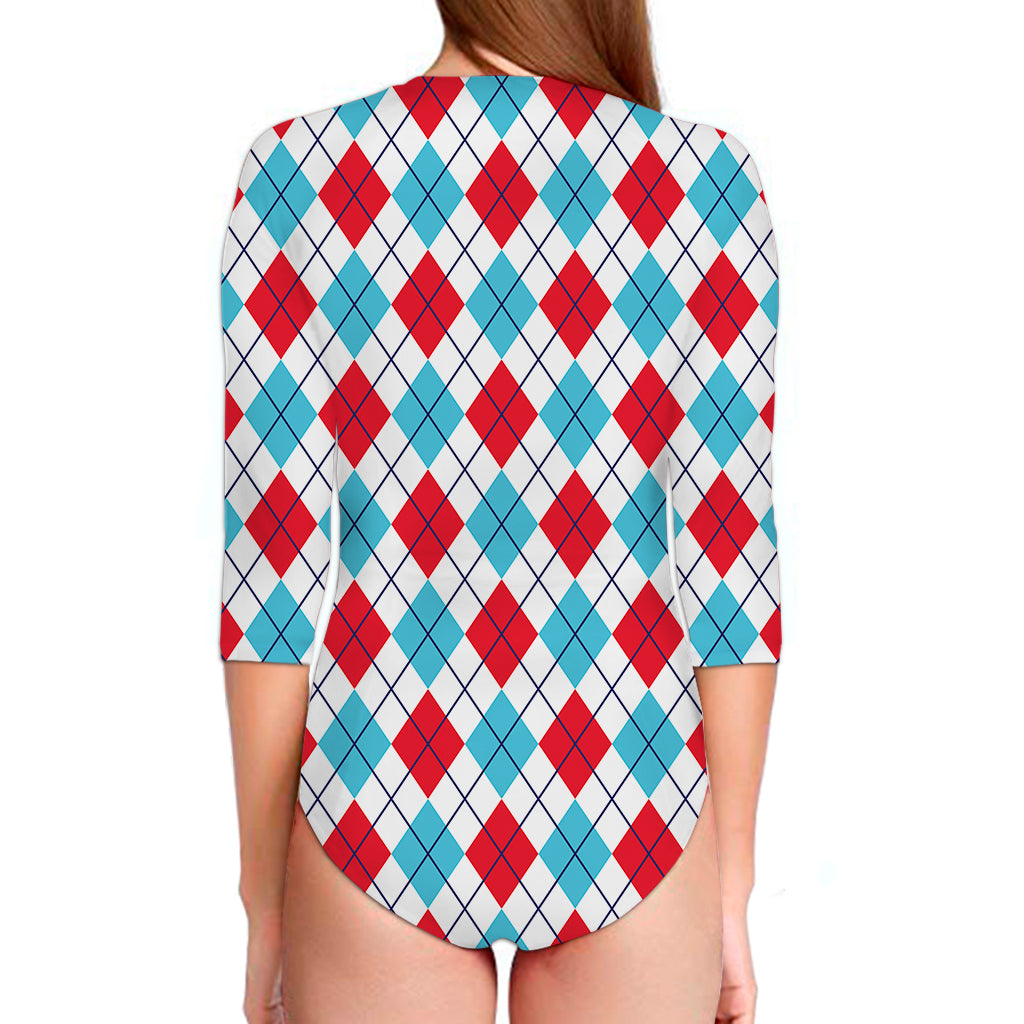 White Red And Blue Argyle Pattern Print Long Sleeve Swimsuit