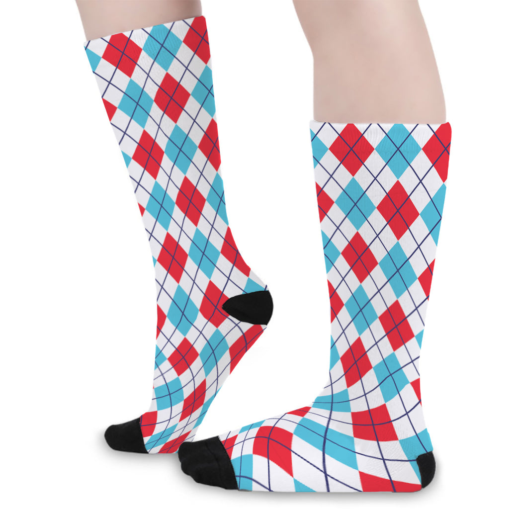 White Red And Blue Argyle Pattern Print Long Socks