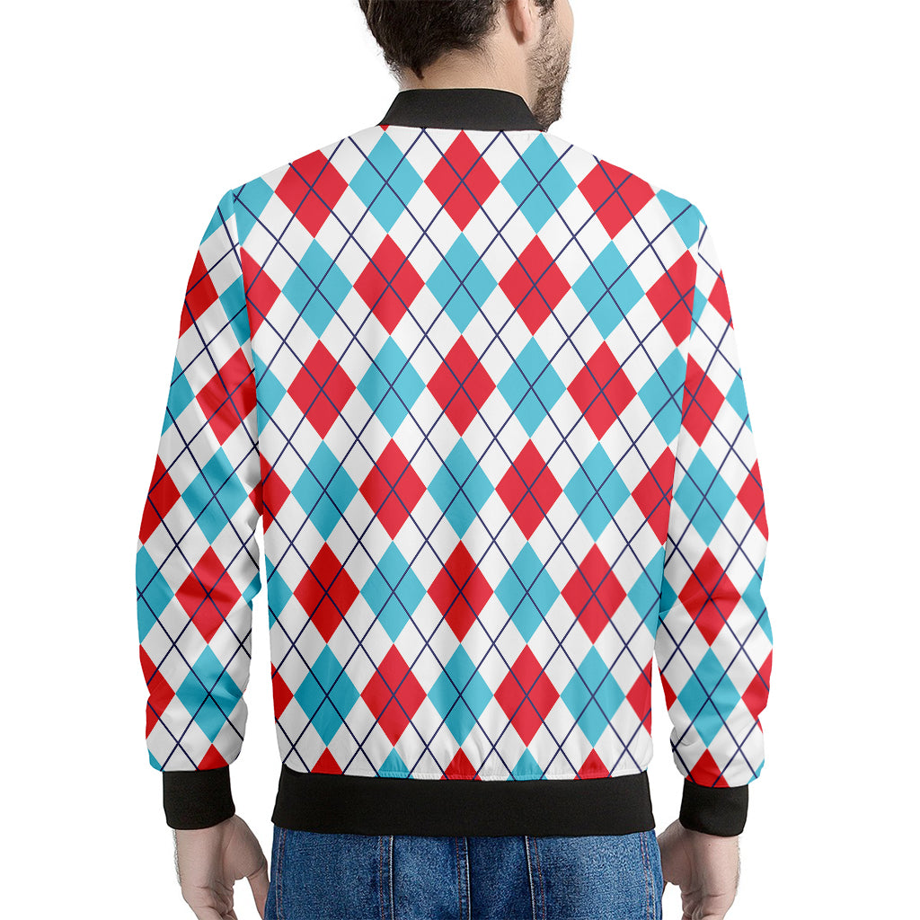 White Red And Blue Argyle Pattern Print Men's Bomber Jacket