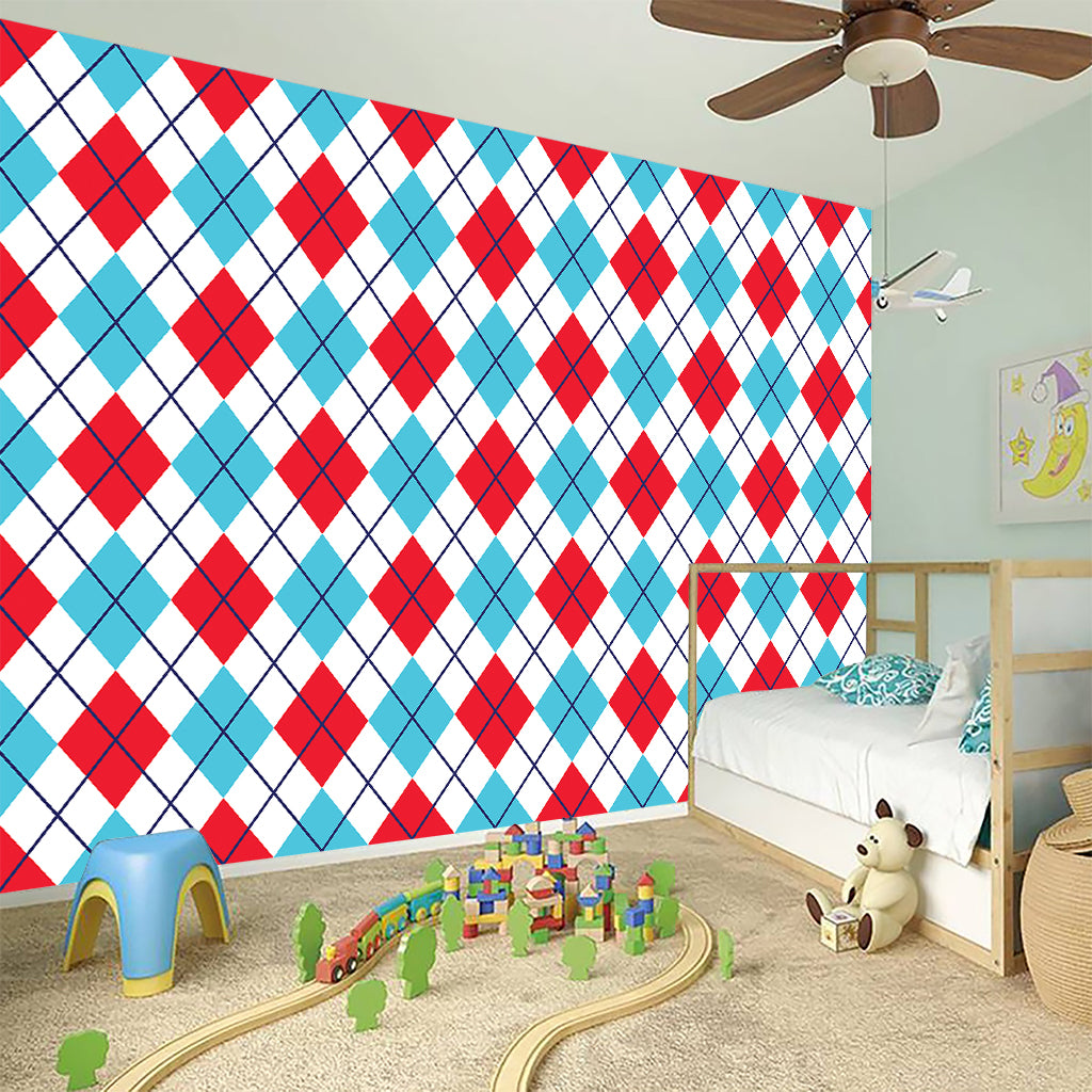 White Red And Blue Argyle Pattern Print Wall Sticker