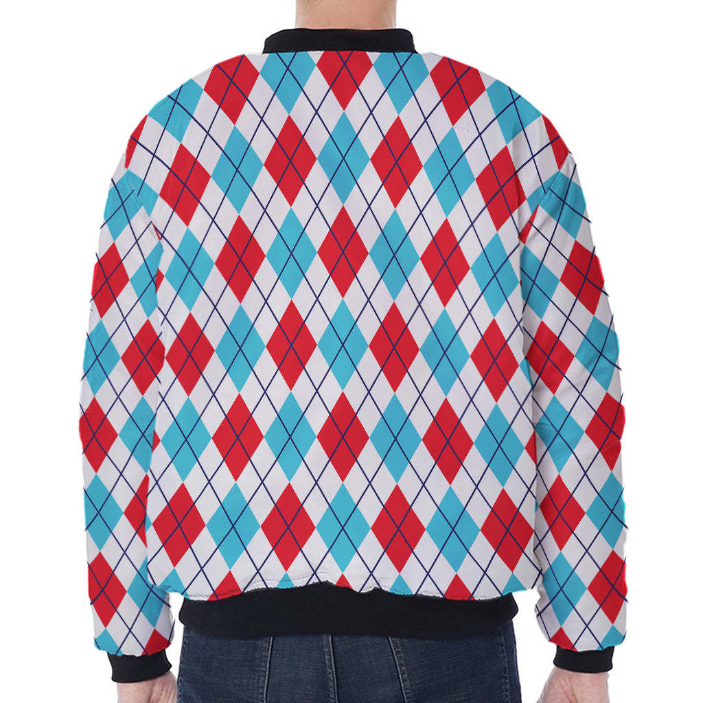 White Red And Blue Argyle Pattern Print Zip Sleeve Bomber Jacket