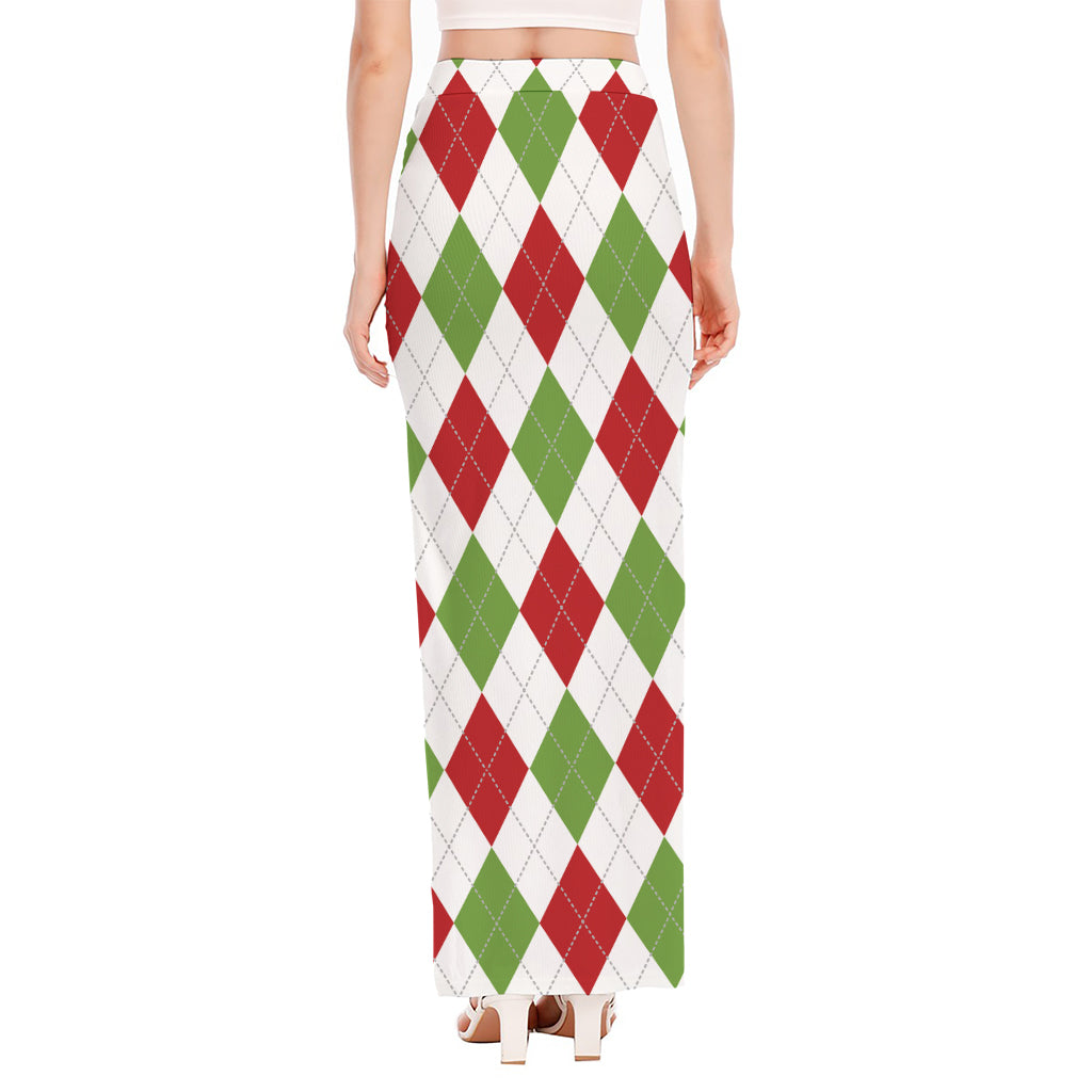 White Red And Green Argyle Pattern Print High Slit Maxi Skirt