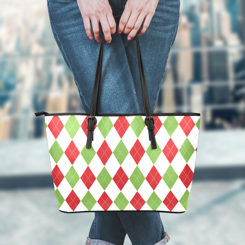 White Red And Green Argyle Pattern Print Leather Tote Bag