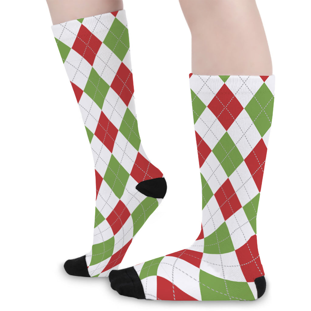 White Red And Green Argyle Pattern Print Long Socks