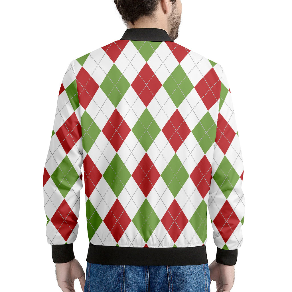 White Red And Green Argyle Pattern Print Men's Bomber Jacket