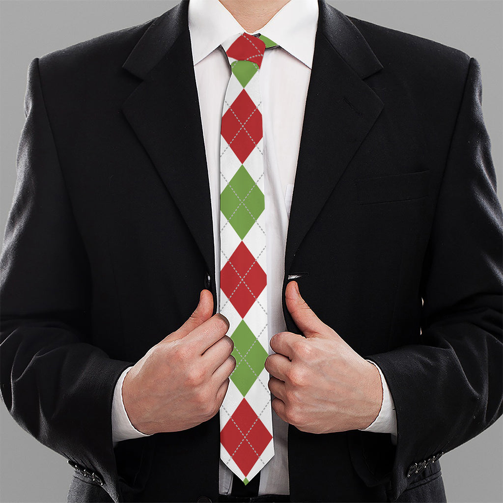 White Red And Green Argyle Pattern Print Necktie