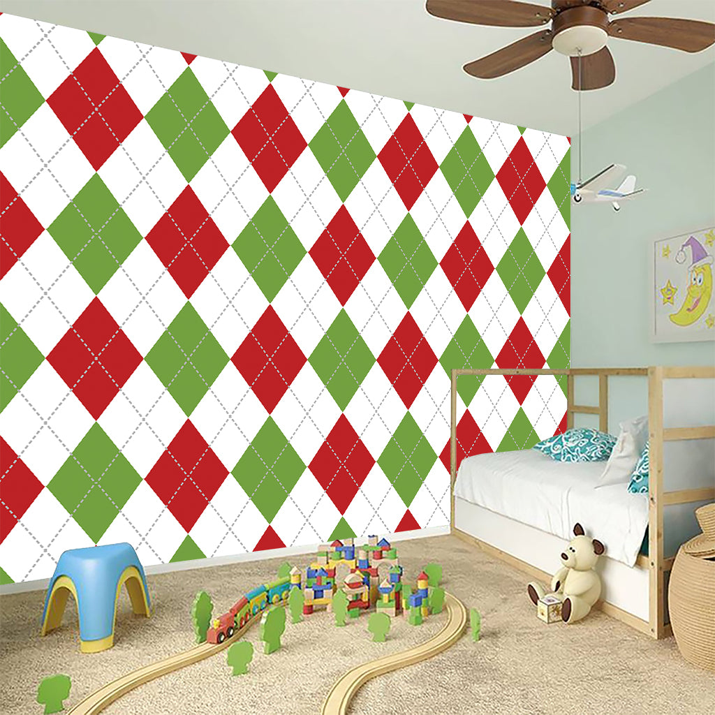 White Red And Green Argyle Pattern Print Wall Sticker
