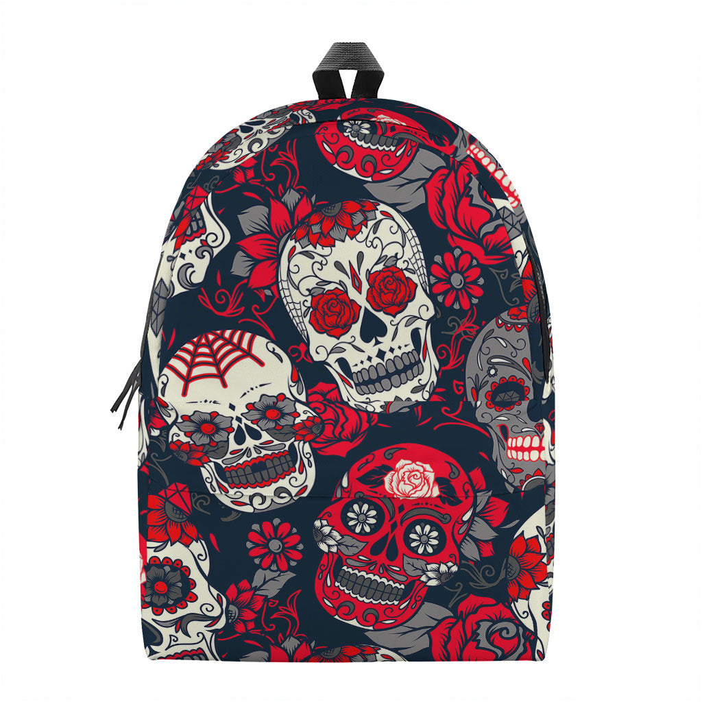 White Red Sugar Skull Pattern Print Backpack