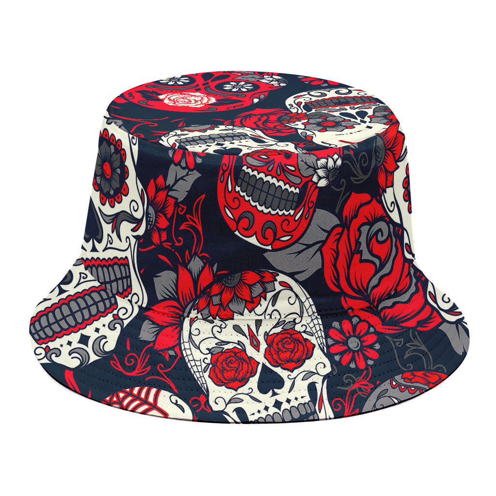 White Red Sugar Skull Pattern Print Bucket Hat