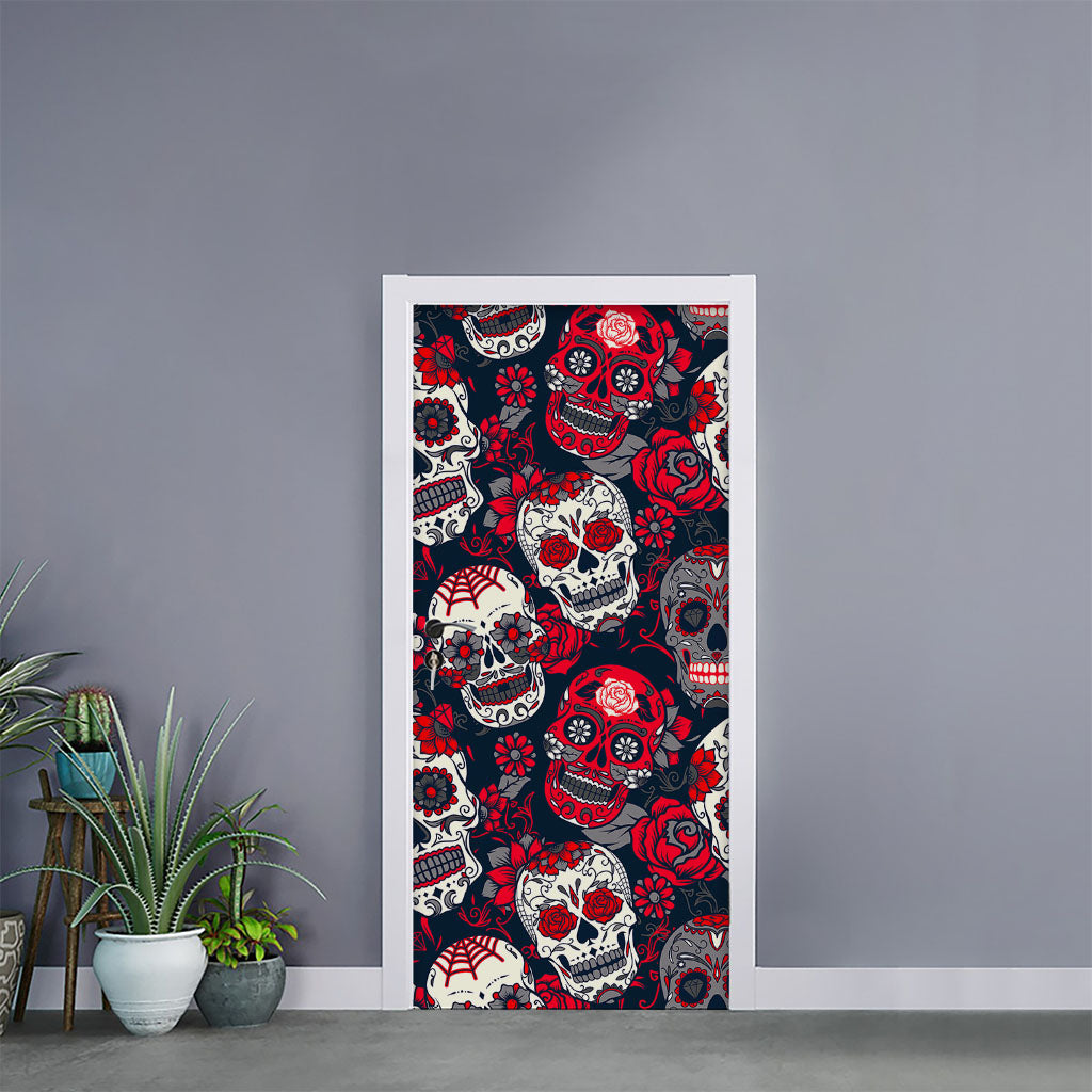 White Red Sugar Skull Pattern Print Door Sticker