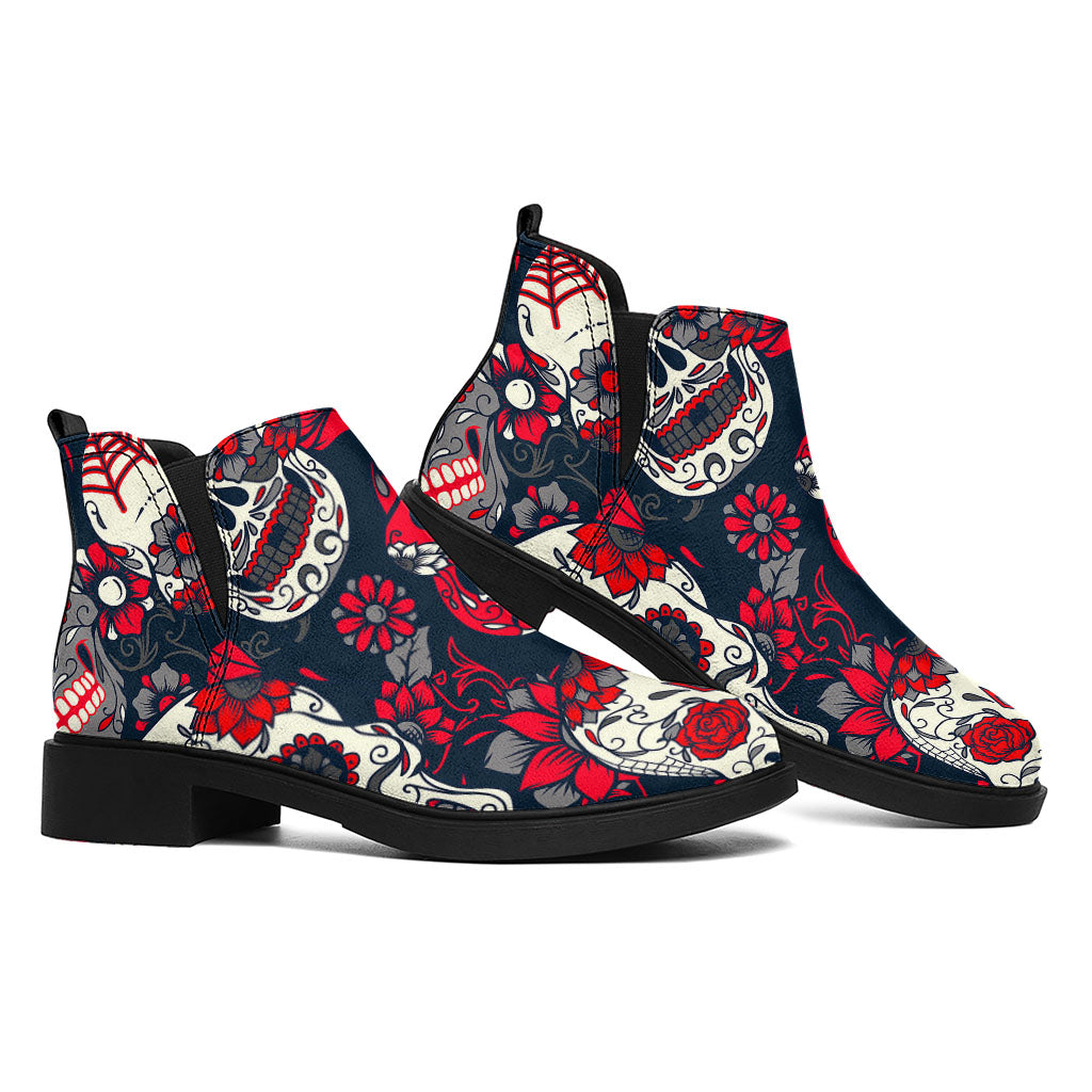 White Red Sugar Skull Pattern Print Flat Ankle Boots