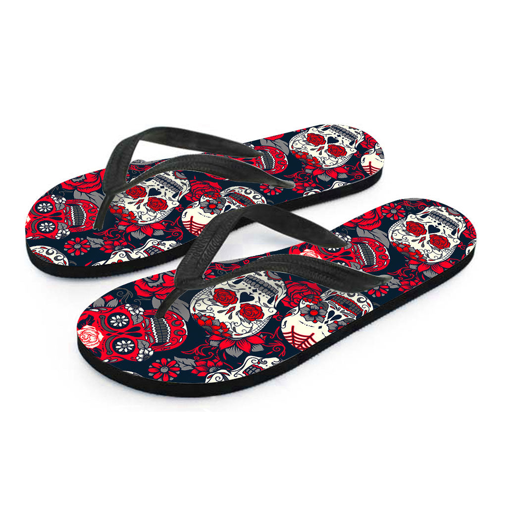 White Red Sugar Skull Pattern Print Flip Flops