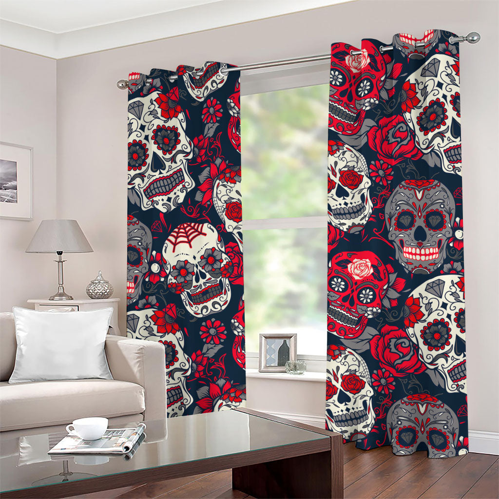 White Red Sugar Skull Pattern Print Grommet Curtains
