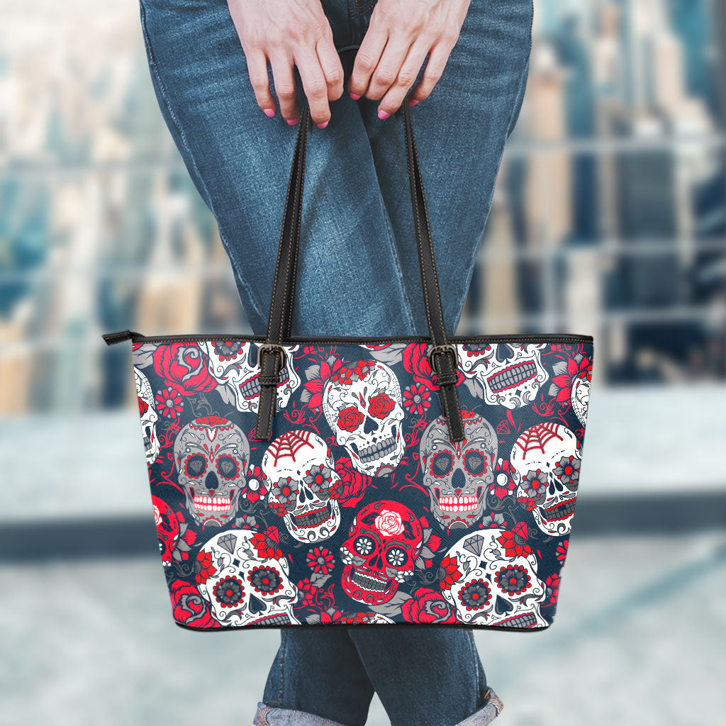 White Red Sugar Skull Pattern Print Leather Tote Bag