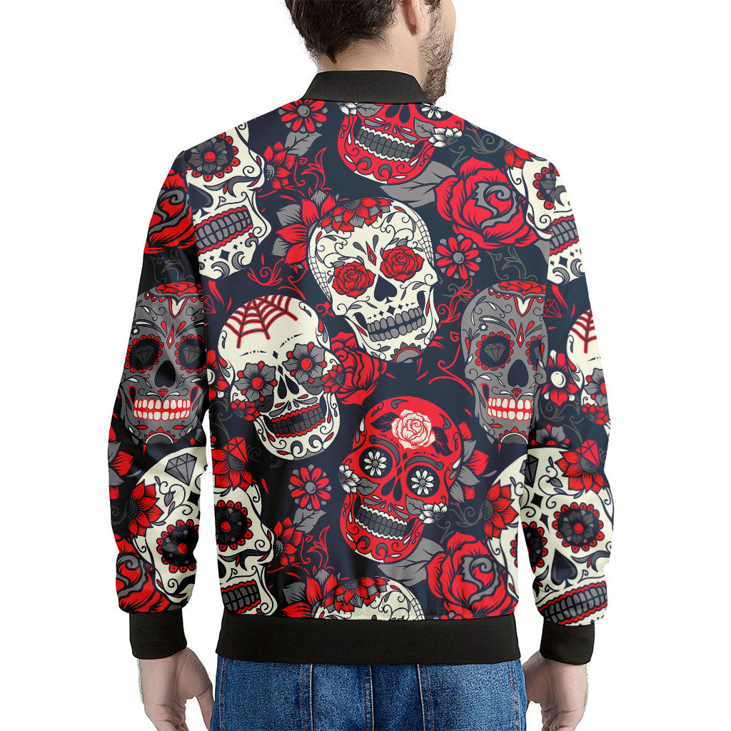 White Red Sugar Skull Pattern Print Men's Bomber Jacket
