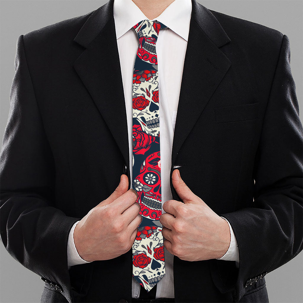 White Red Sugar Skull Pattern Print Necktie