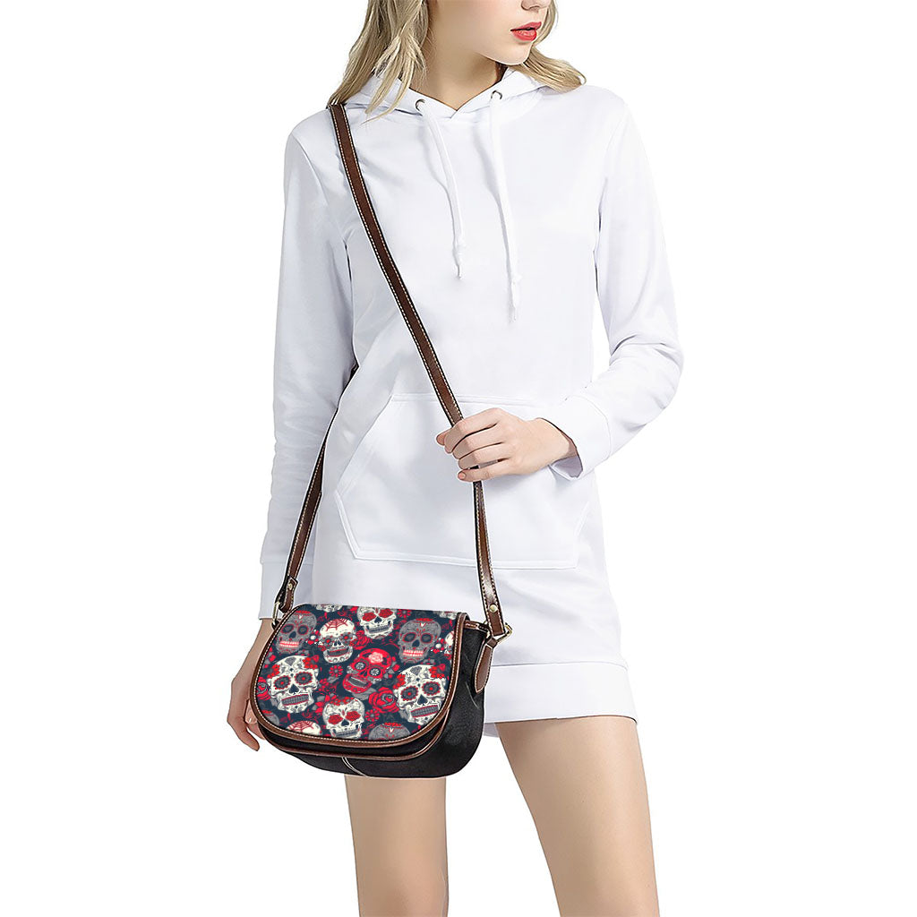 White Red Sugar Skull Pattern Print Saddle Bag
