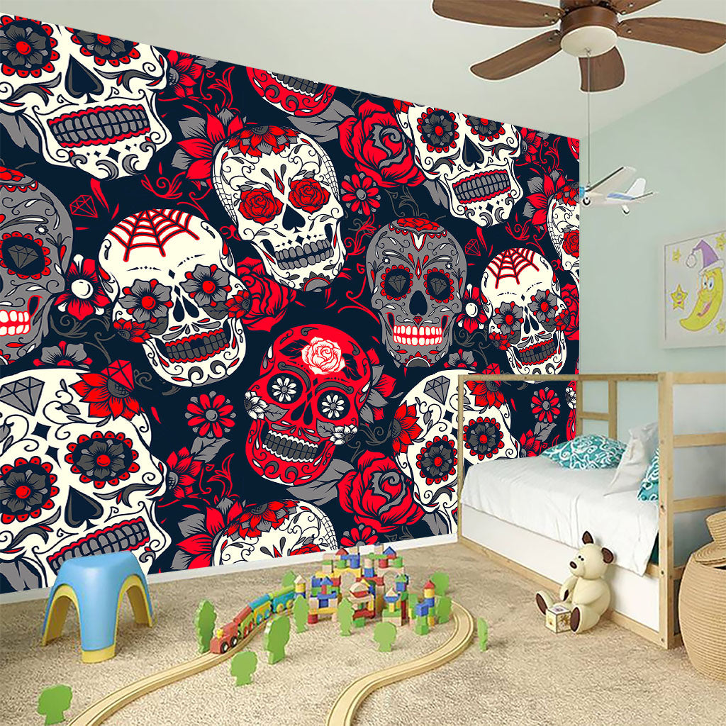 White Red Sugar Skull Pattern Print Wall Sticker