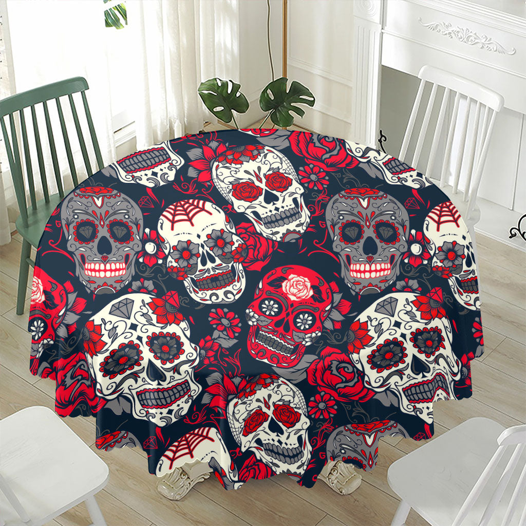 White Red Sugar Skull Pattern Print Waterproof Round Tablecloth
