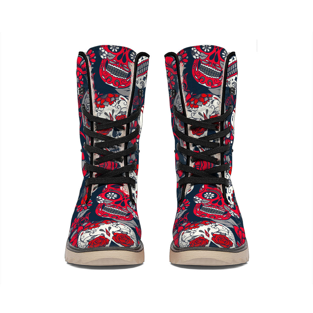 White Red Sugar Skull Pattern Print Winter Boots