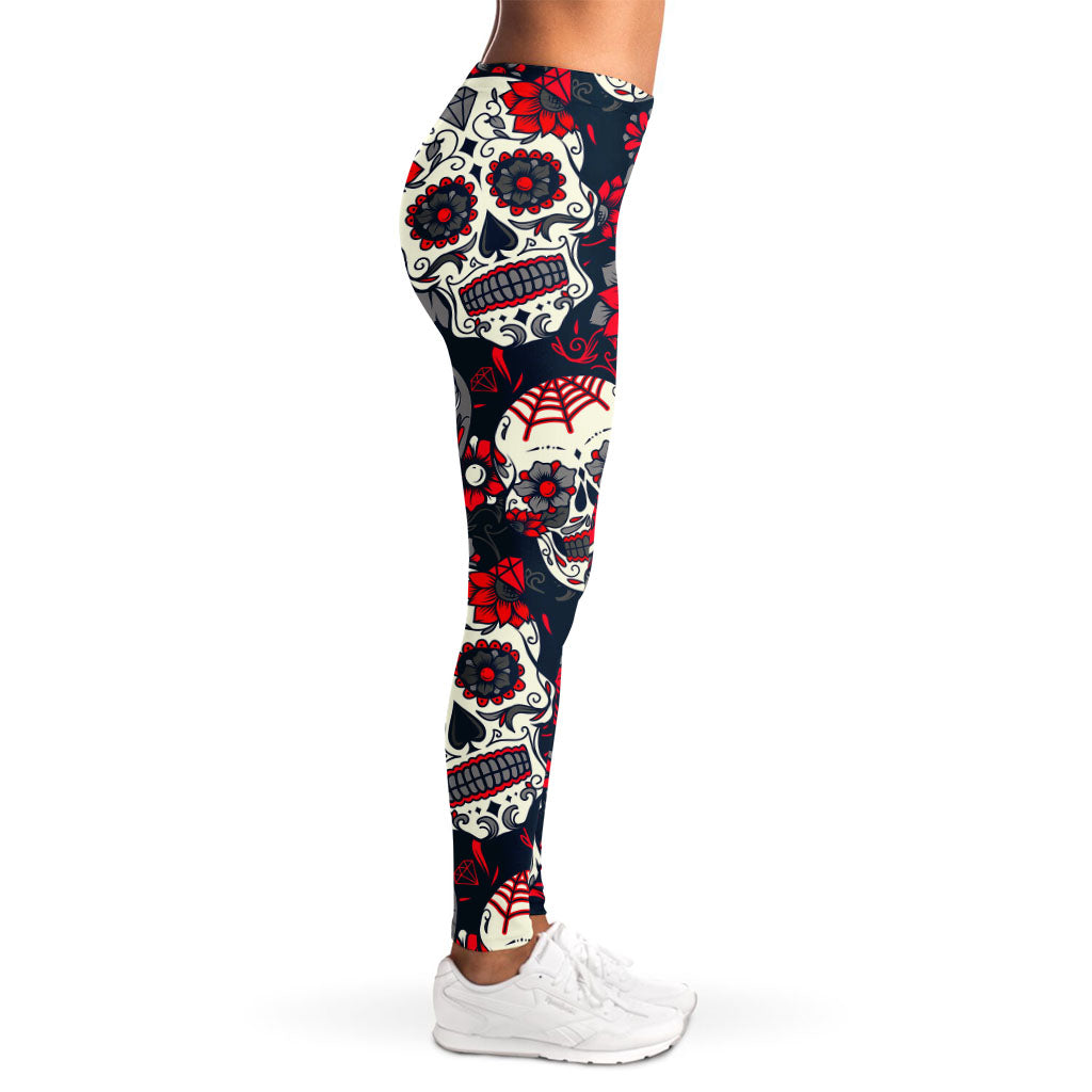 White Red Sugar Skull Pattern Print Women's Leggings