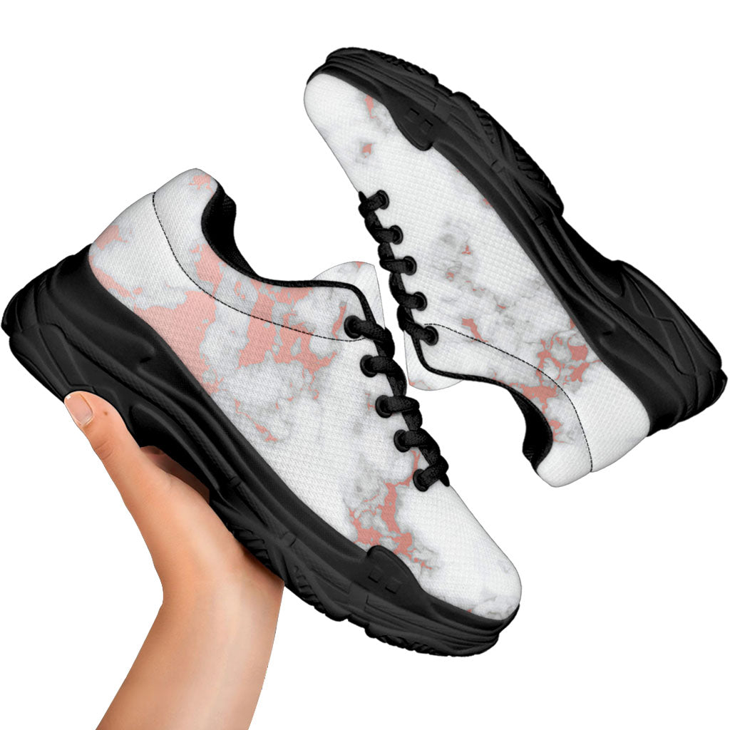 White Rose Gold Marble Print Black Chunky Shoes