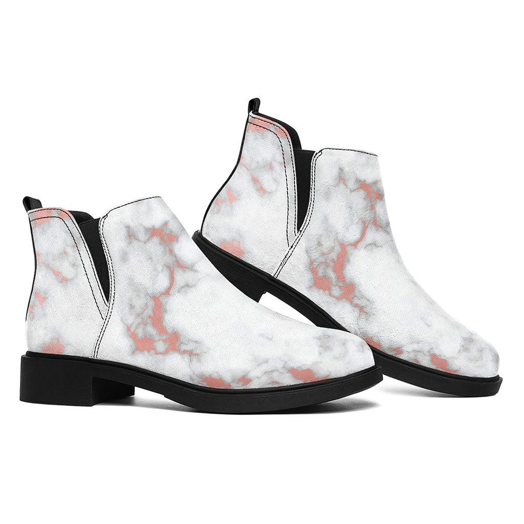 White Rose Gold Marble Print Flat Ankle Boots