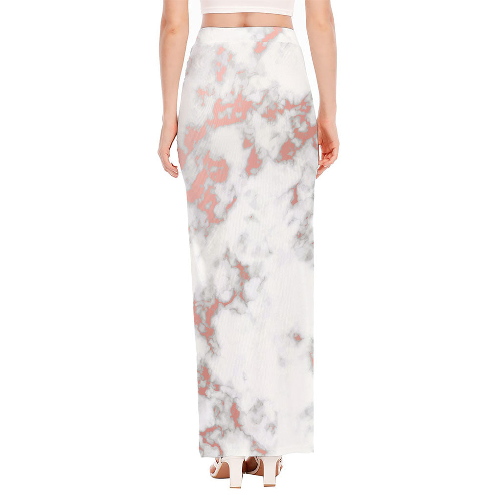 White Rose Gold Marble Print High Slit Maxi Skirt