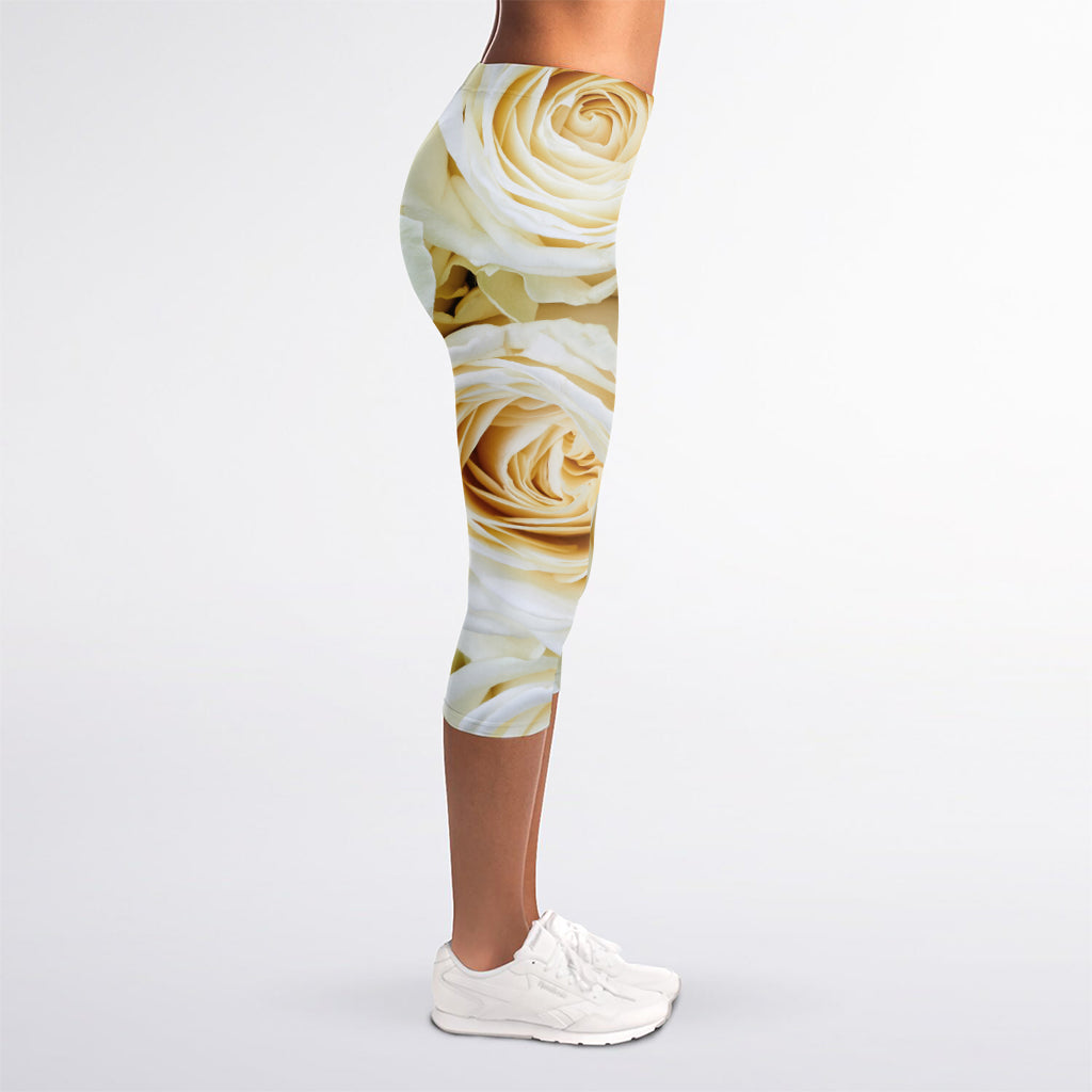 White Rose Print Women's Capri Leggings
