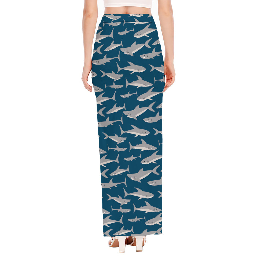 White Shark Pattern Print High Slit Maxi Skirt