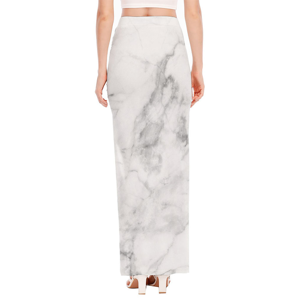 White Smoke Marble Print High Slit Maxi Skirt