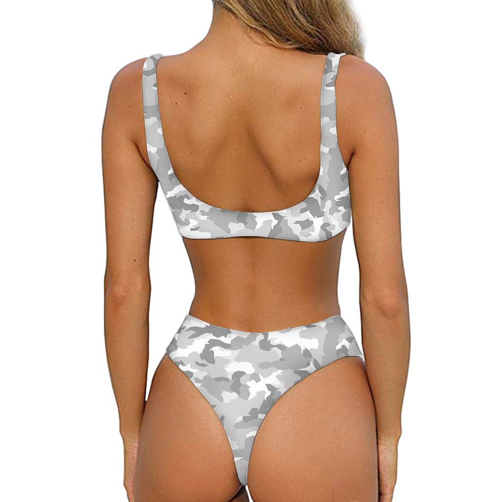 White Snow Camouflage Print Front Bow Tie Bikini