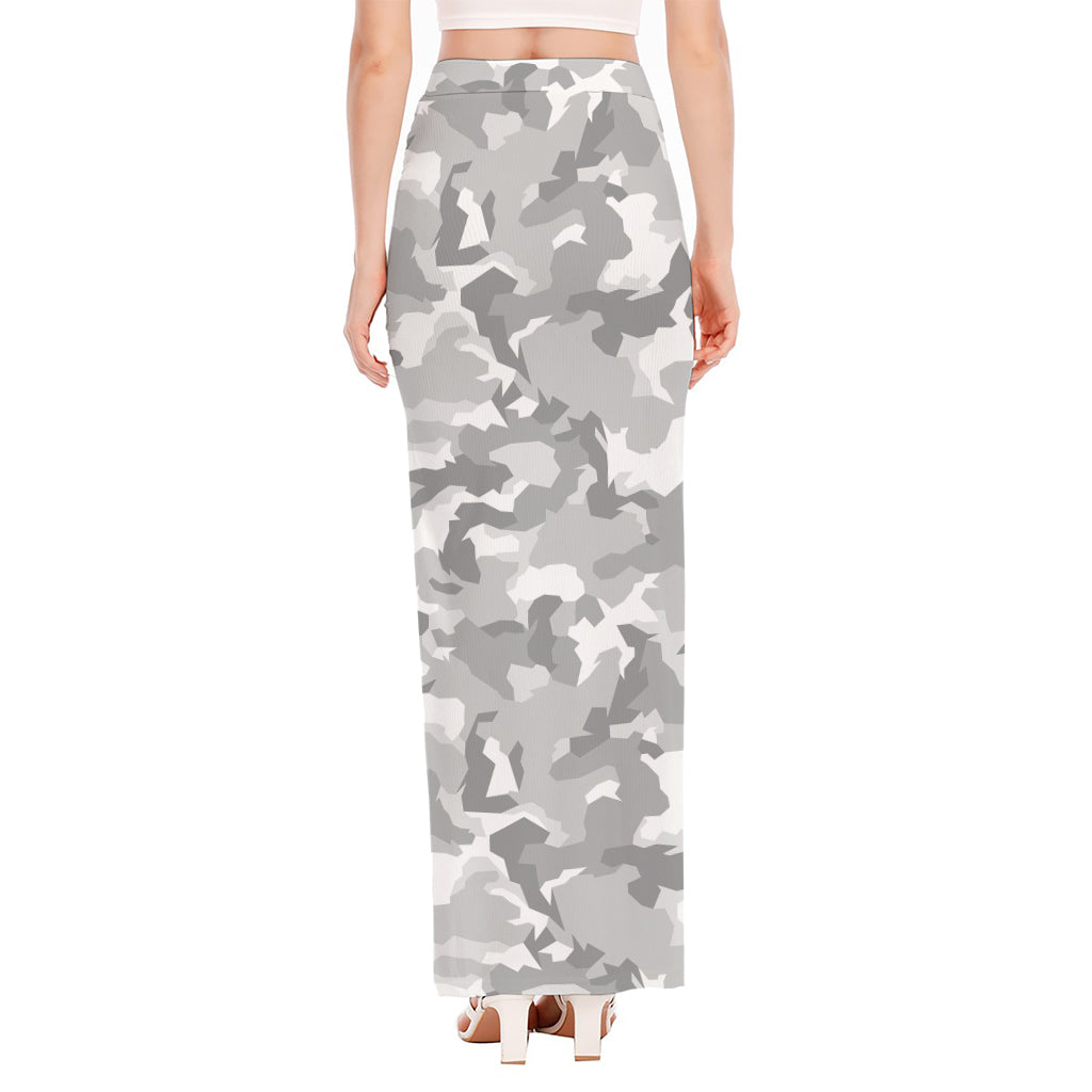 White Snow Camouflage Print High Slit Maxi Skirt